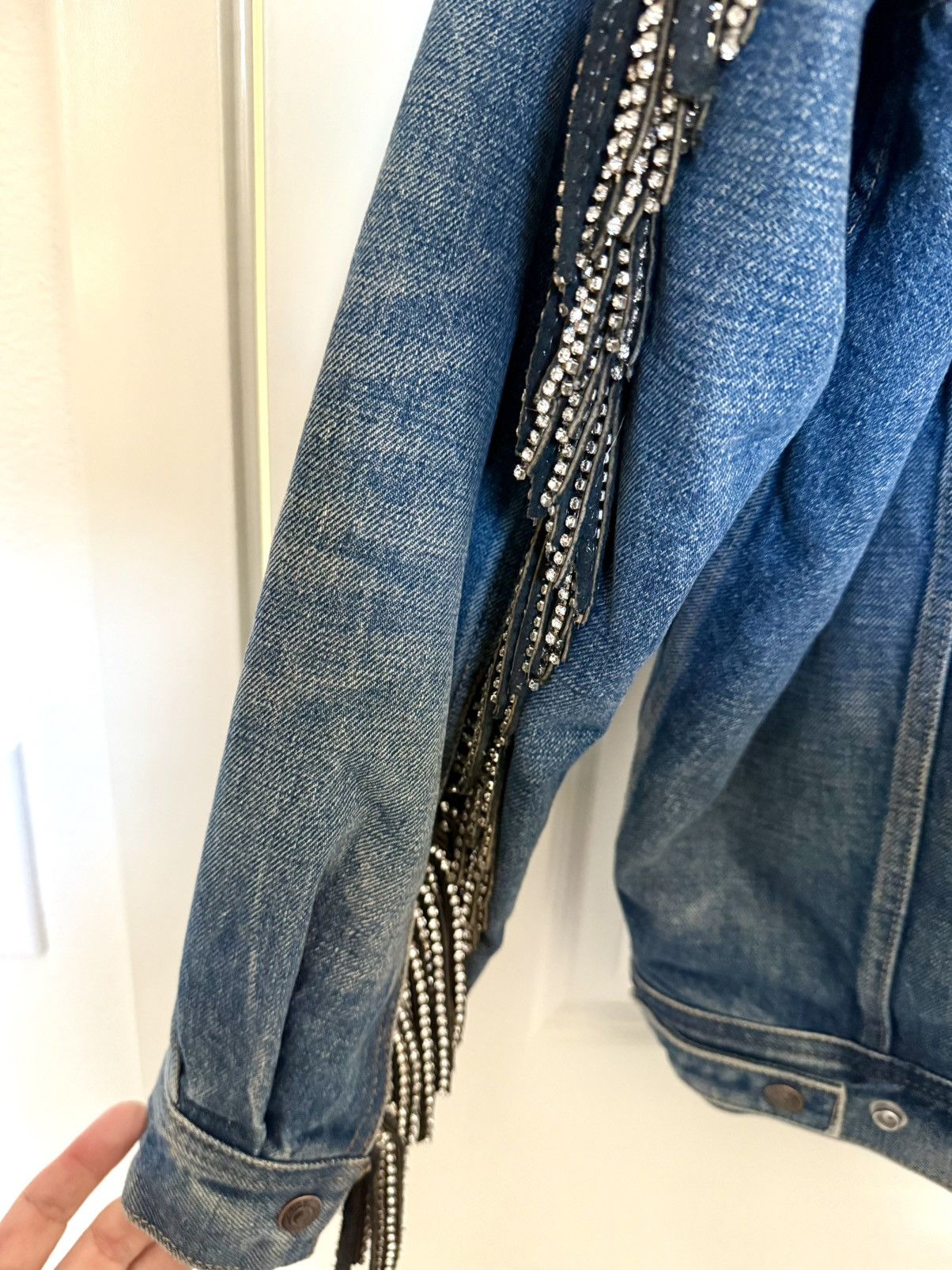 Celine Celine Shearling Lined Denim Jacket with Rhinestoned Fringes Size US M / EU 48-50 / 2 - 8 Thumbnail