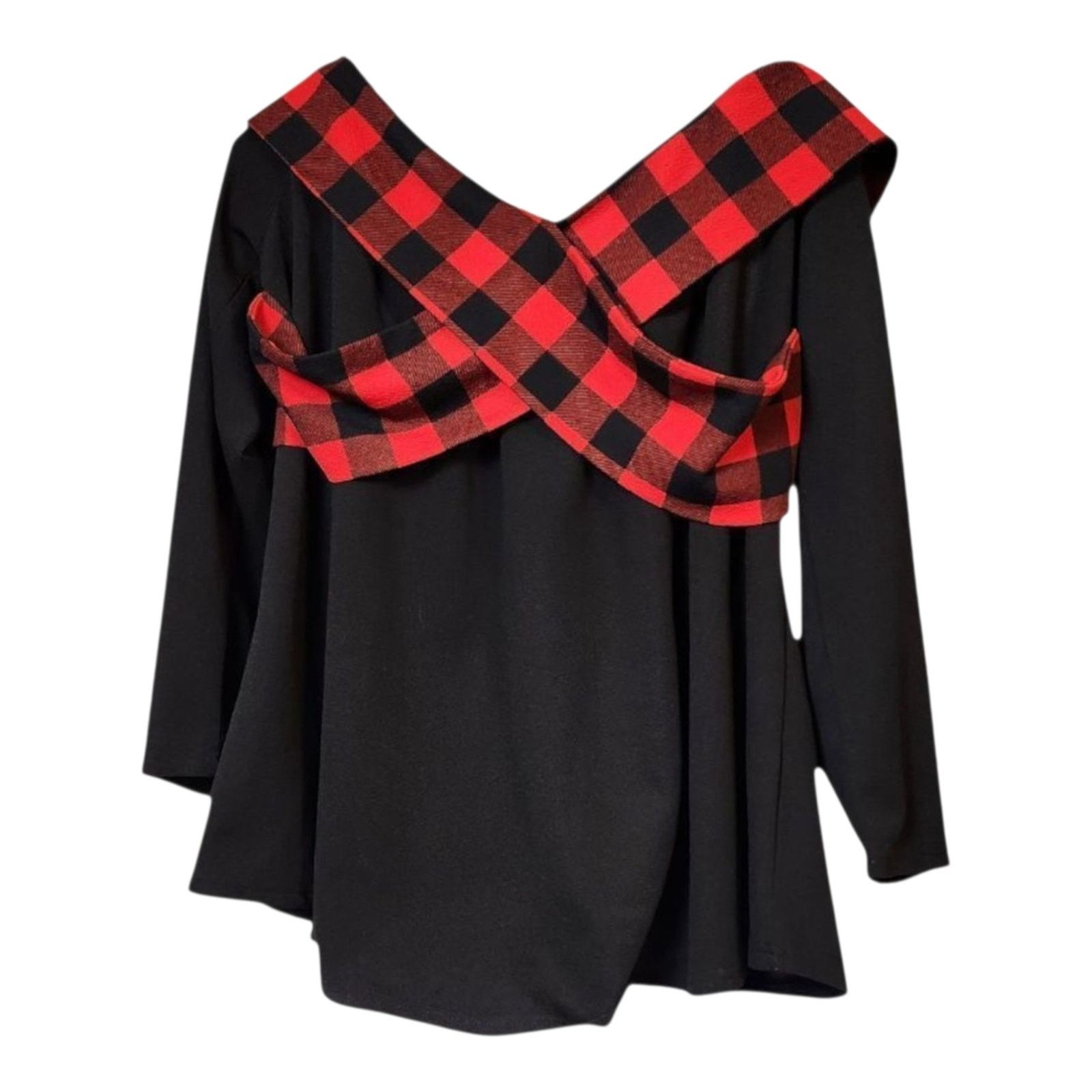 Other Rosegal Plus Size 2X Black Blouse with Red Plaid Detail Size XXL / US 16-18 / IT 52-54 - 2 Thumbnail