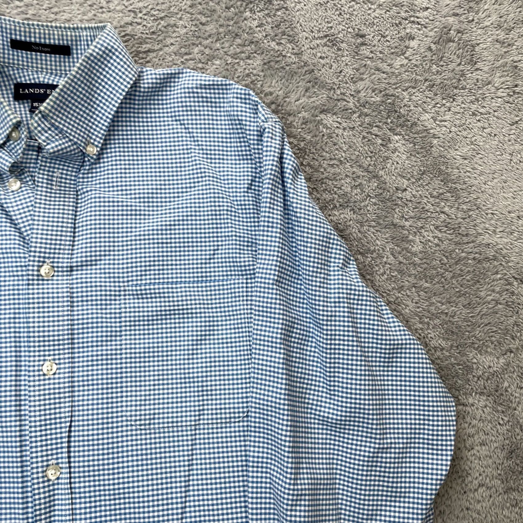 Lands' End VTG Lands' End Shirt Mens 36 Tall Blue No Iron Dress Gingham Button-Down Casual Business Long Sleeve 100% Cotton Regular Womens? Size 36R - 6 Thumbnail
