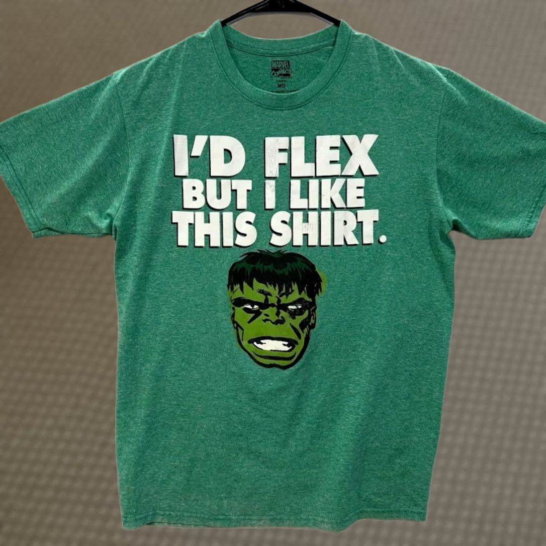 Vintage Marvel Hulk I’d Flex Mens M Green Graphic Tee Short Sleeve Size US 31 - 1 Thumbnail