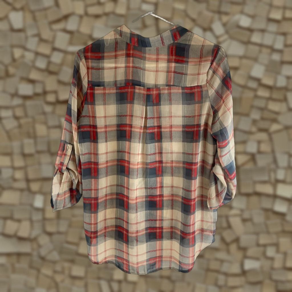 Vintage TeenBell Shirt Women's Medium T-Shirt Plaid 3/4 Sleeve Red Tan Blue Semi Sheer Casual Fall Modern Womens Size M / US 6-8 / IT 42-44 - 1 Thumbnail