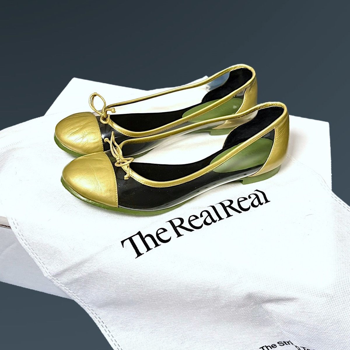 Saint Laurent Gold Metallic Ballet Green Sole Flats Sz 4.5