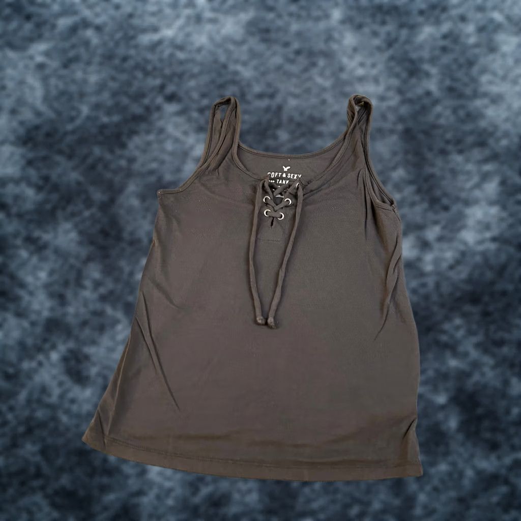 Vintage American Eagle Tank Women's Small Gray Lace-Up Sleeveless Scoop Neck Strappy Accent Basic Casual Size S / US 4 / IT 40 - 1 Thumbnail
