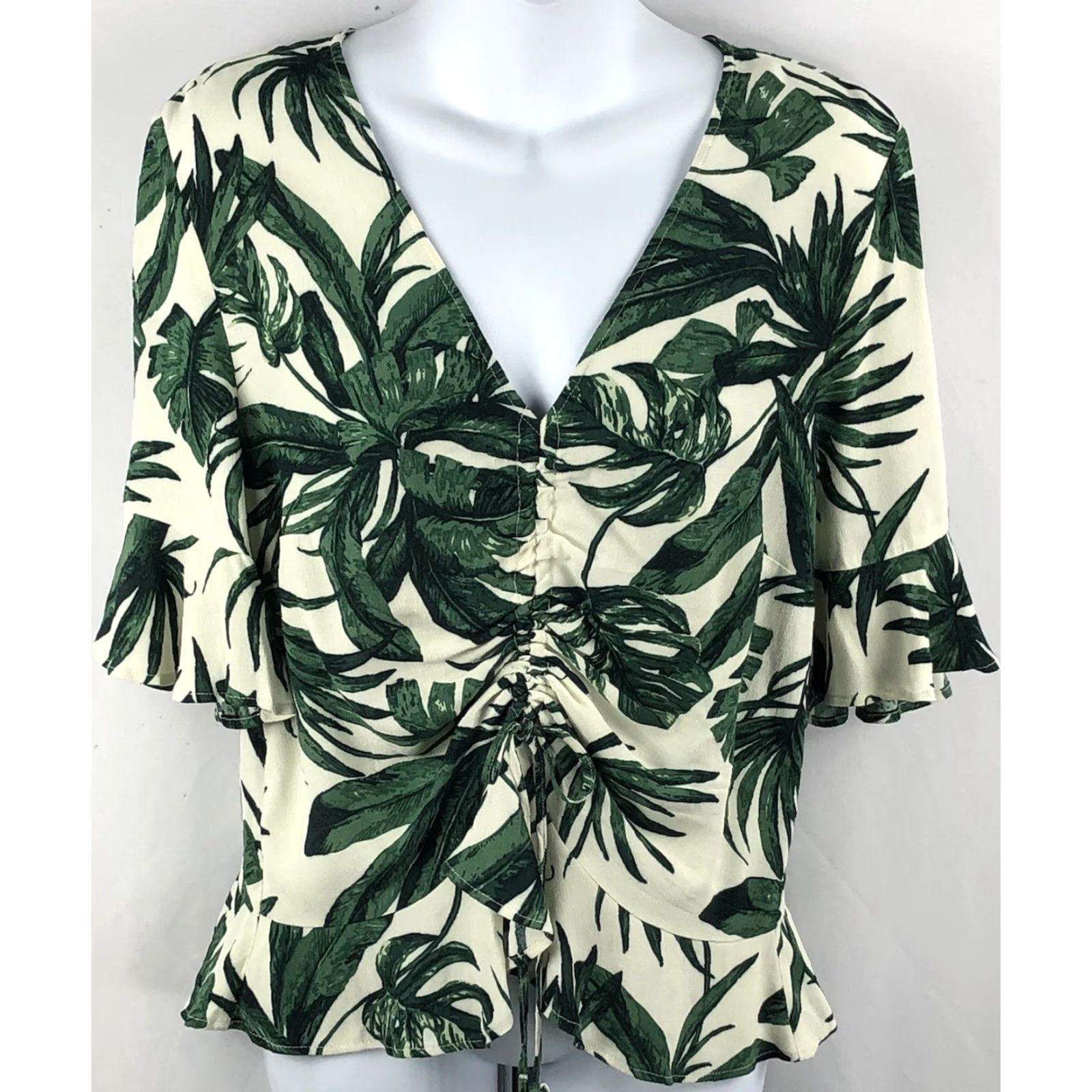 H&M VINTAGE Nike Shirt Womens 10 Green/White Floral Ruched Tie Front Cropped Aloha Tropical Size L / US 10 / IT 46 - 5 Thumbnail