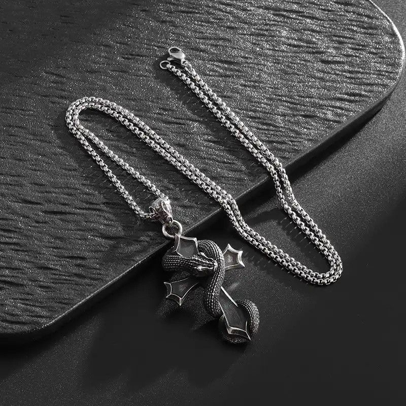 Jewelry × Vintage Gothic Retro Cross Dragon Snake Pendant Necklace Size ONE SIZE - 2 Thumbnail