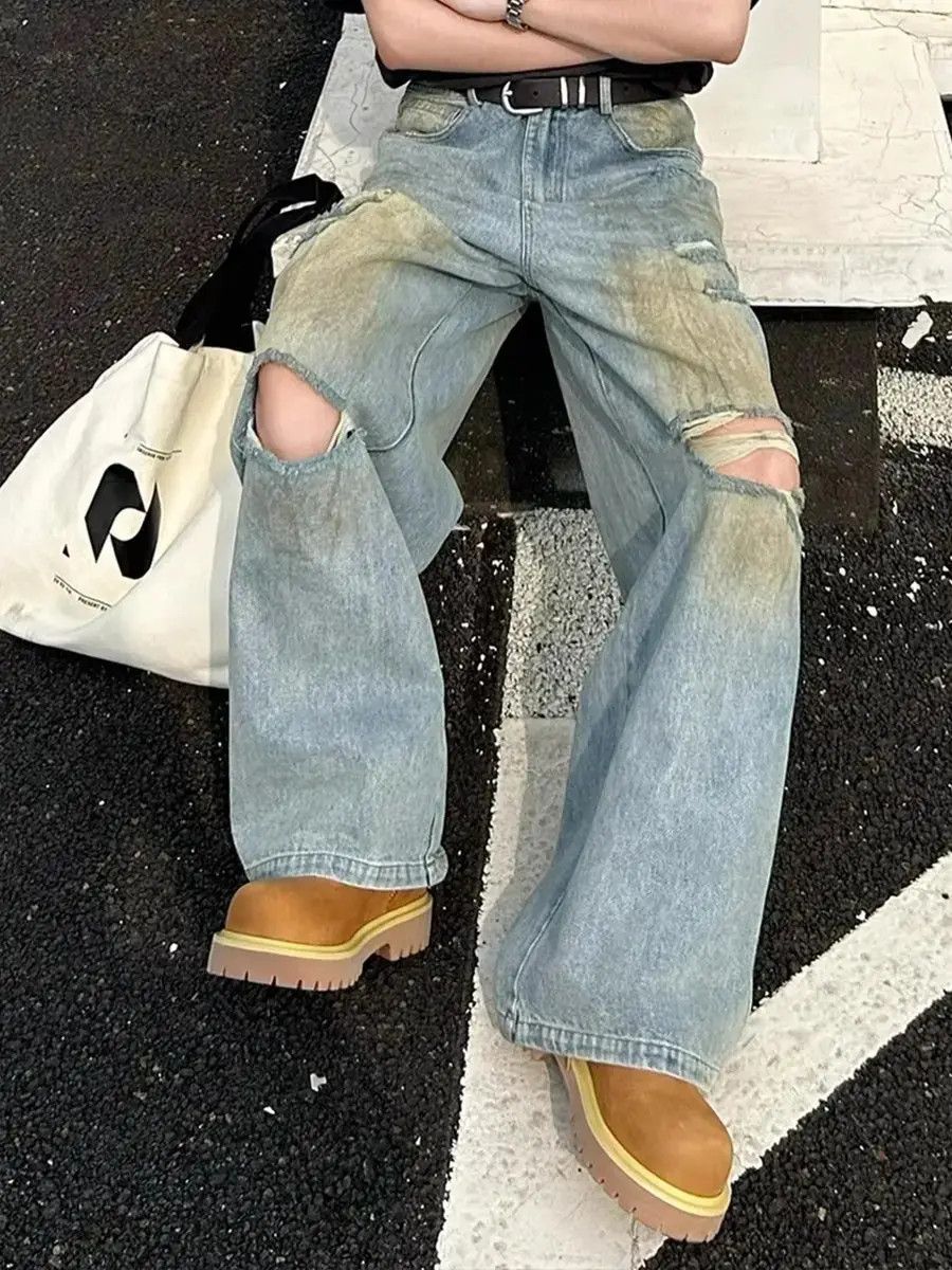 Japanese Brand Loose straight leg ripped jeans Size US 32 / EU 48 - 6 Thumbnail