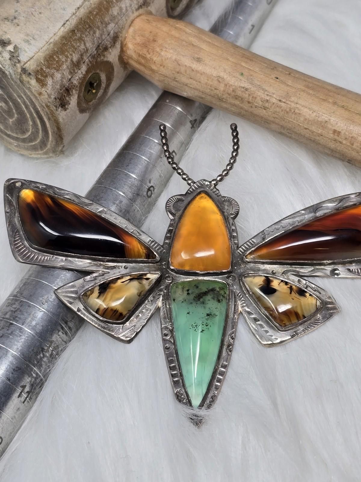 Other Artisan Huge 4" 925 Silver Agate Gaspeite Moth Brooch 50g Size ONE SIZE - 1 Thumbnail