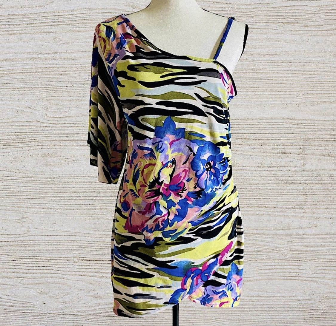 Vintage ONE SHOULDER FLORAL CAMO UNIVERSAL MINI DRESS OR TUNIC TOP Size M / US 6-8 / IT 42-44 - 1 Thumbnail