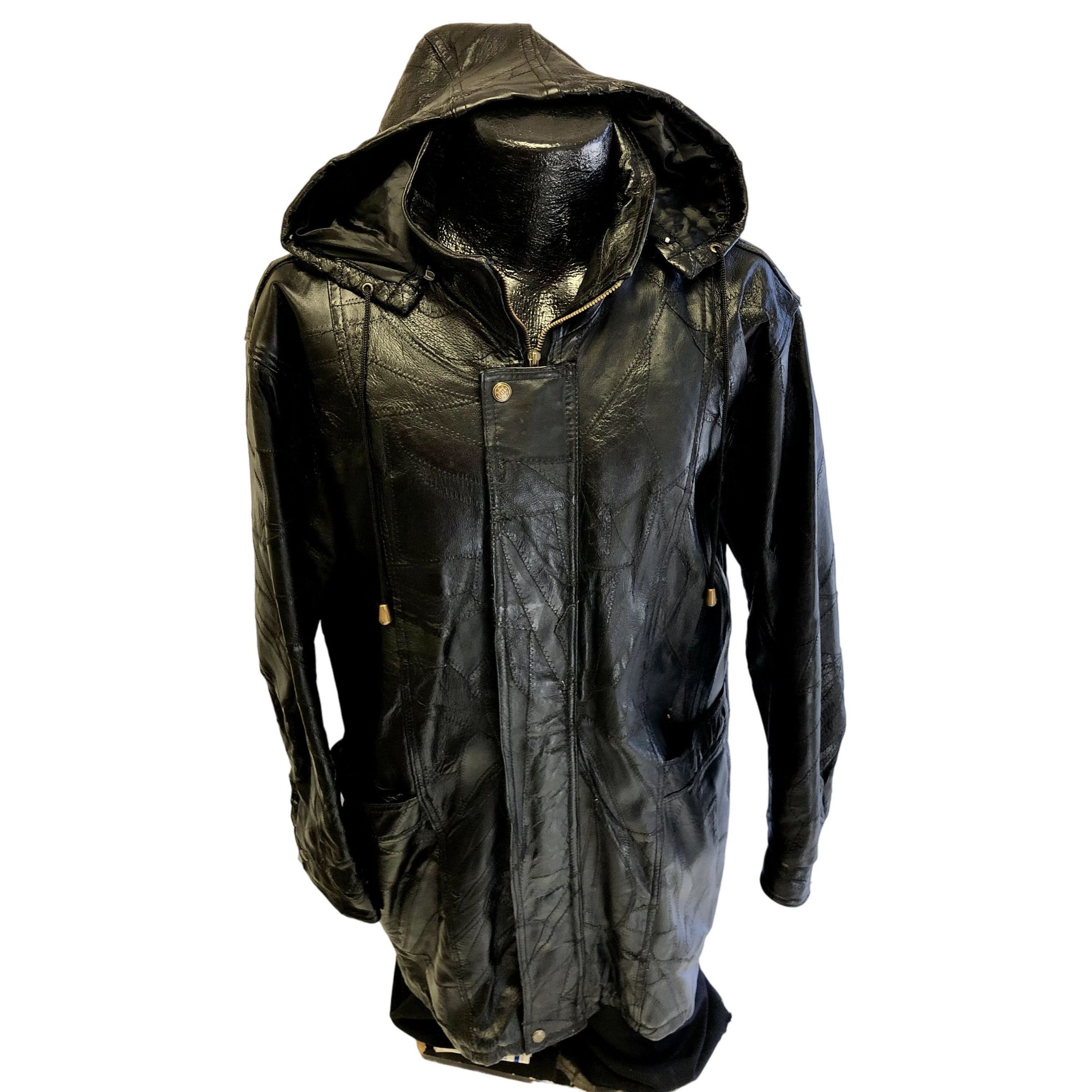 image of Unkwn 80's Patchwork Leather Hooded Coat Gangster Biggie Jacket 2X in Black, Men's (Size 2XL)