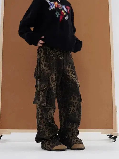 Vintage multi-pocket leopard print work casual trousers