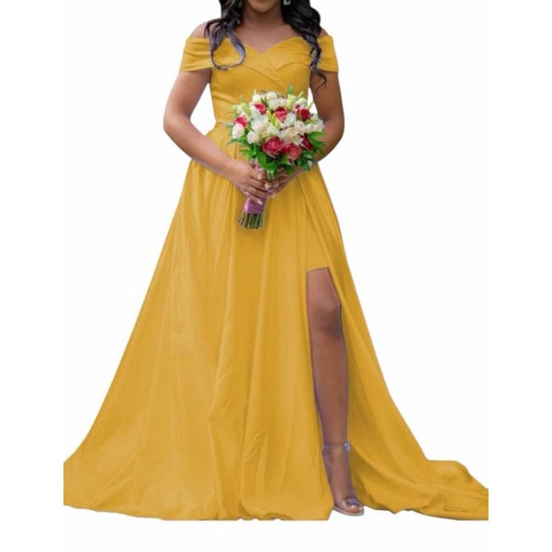 Other Gold Wedding Guest Off The Shoulder A-Line Slit Formal Dress Size L / US 10 / IT 46 - 2 Thumbnail