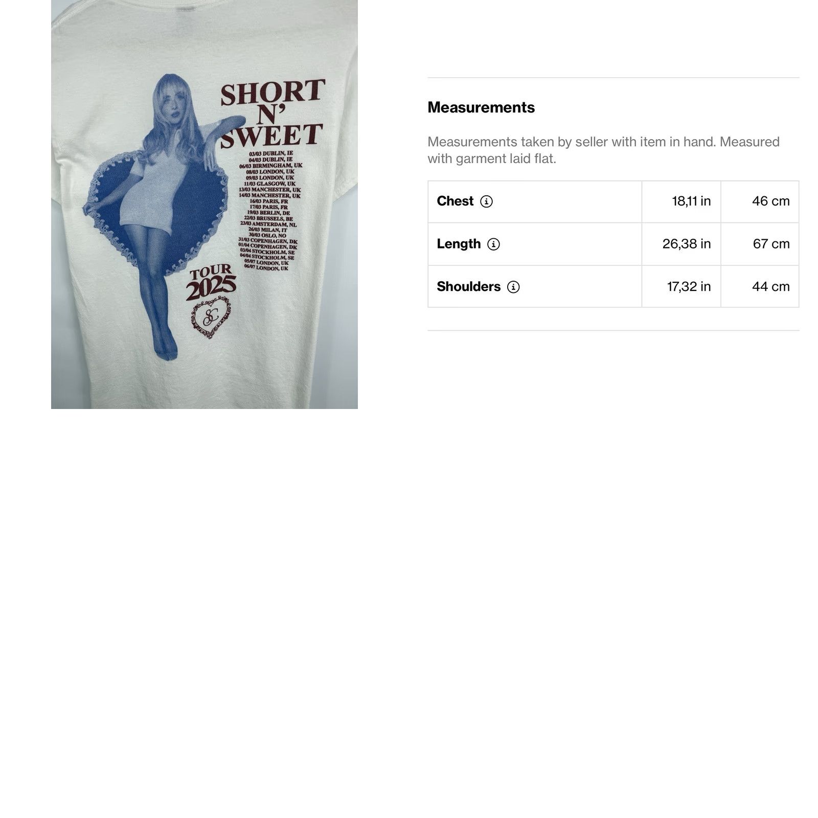 Gildan VINTAGE Sabrina Carpenter Short n’ Sweet Sexy Tour T-Shirt S White Mens T-Shirt 2025 Size US S / EU 44-46 / 1 - 8 Thumbnail