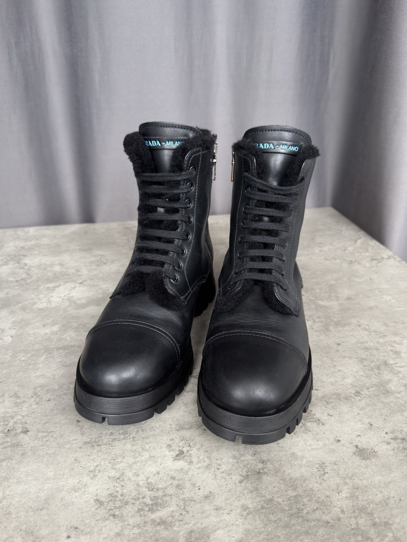 Prada Vintage Prada Fur Lined Shearling Black Leather Combat Boots Size US 7 / IT 37 - 2 Thumbnail