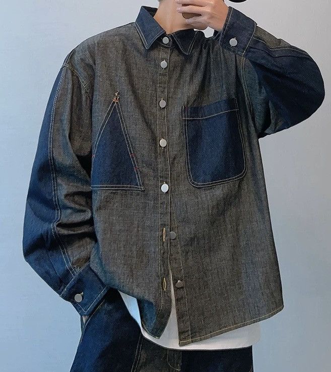Avant garde retro colorblock denim shirt top