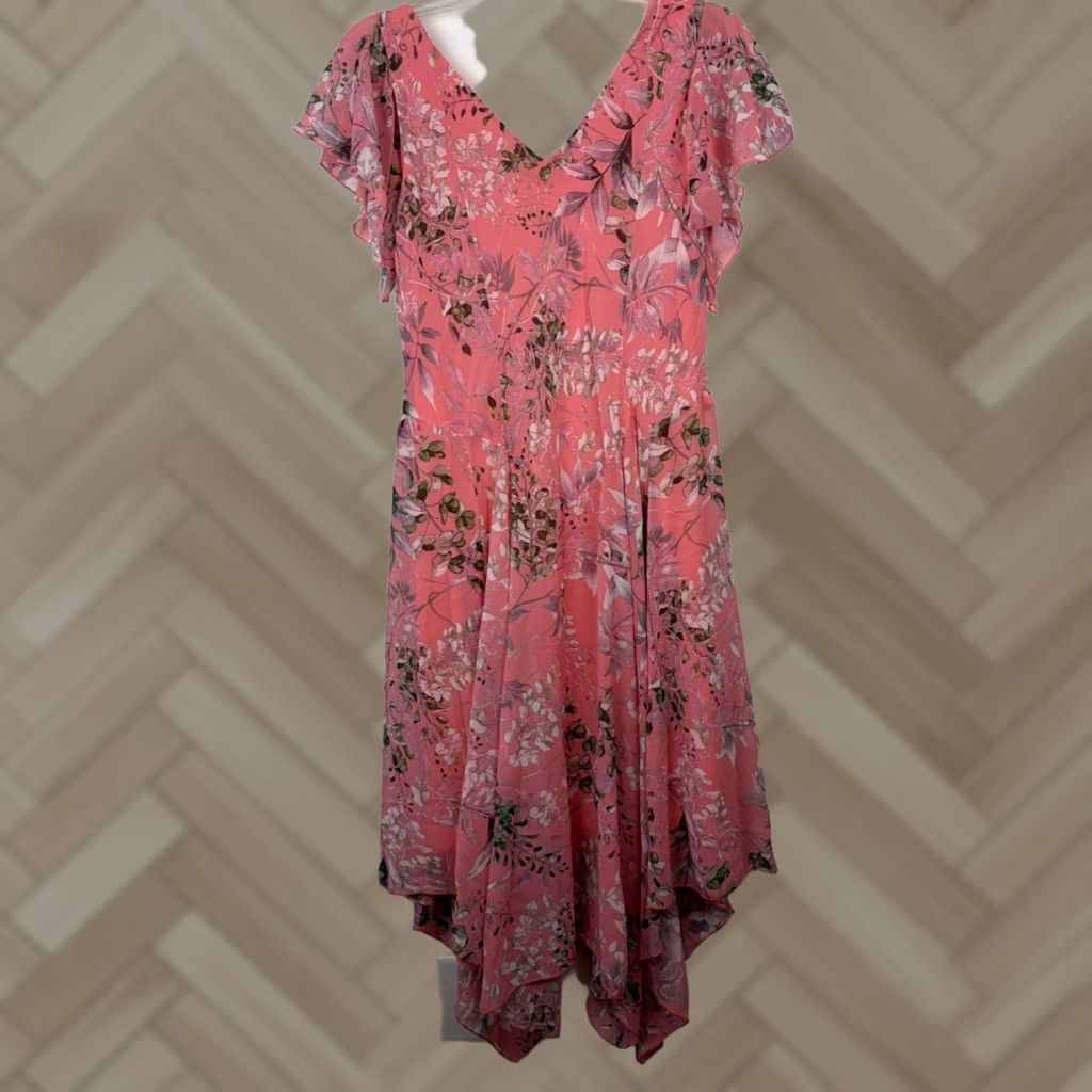 Vintage Robbir Bee Floral Midi Dress Womens 14 Drape Neck Chiffon Asymmetric Hem Flutter Sleeve PULLOVER Size XL / US 12-14 / IT 48-50 - 1 Thumbnail