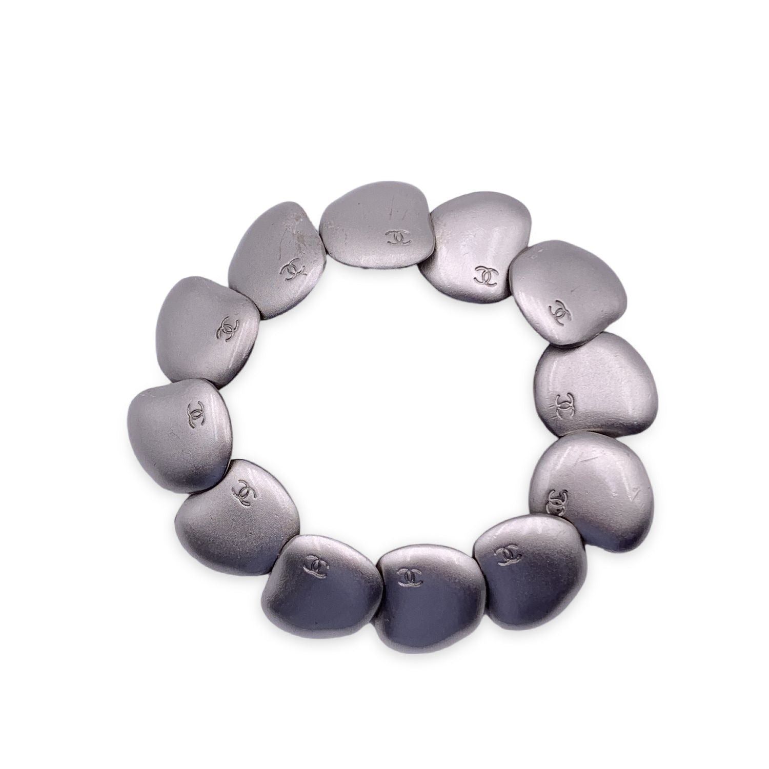 image of Chanel Vintage Silver Metal Cc Logo Articulated Bracelet, Women's
