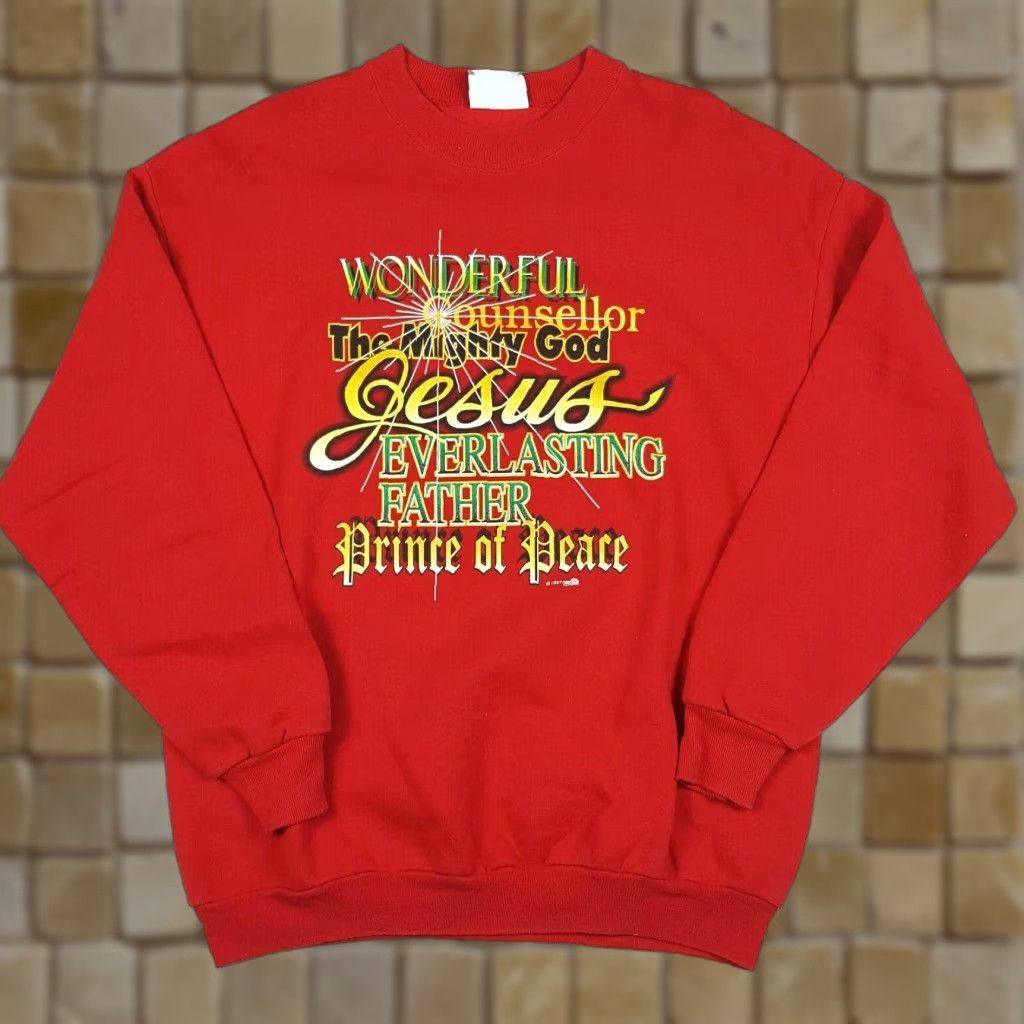 Lee VINTAGE 90s Wonderful Jesus Men's L Red Christmas Crewneck Pullover Sweatshirt Lee Shirt Mens Size US L / EU 52-54 / 3 - 1 Thumbnail