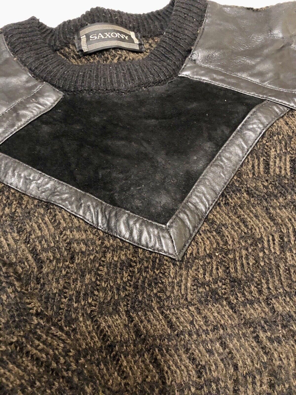 Designer VTG 80'S SAXONY Mens Brown With Black Leather Sweater Size US M / EU 48-50 / 2 - 3 Thumbnail