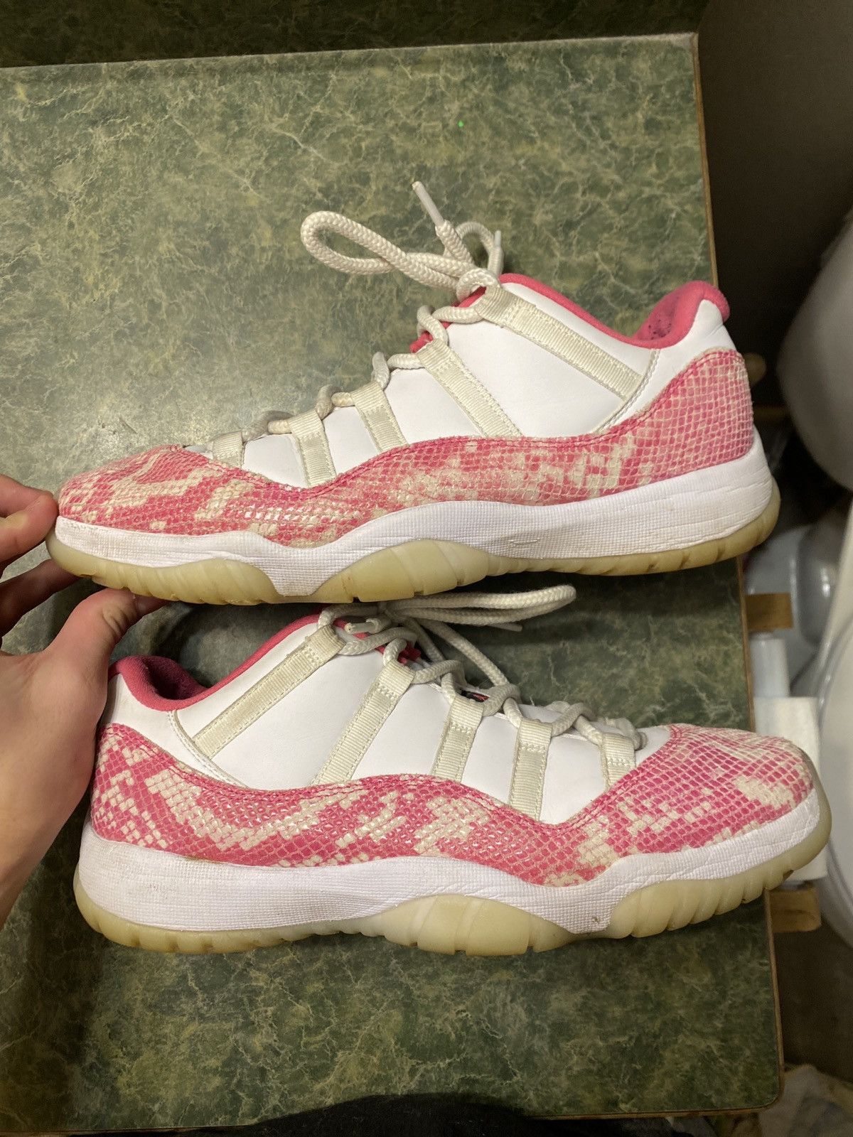 image of Jordan Brand 11 Low Pink Snakeskin Shoes, Women's