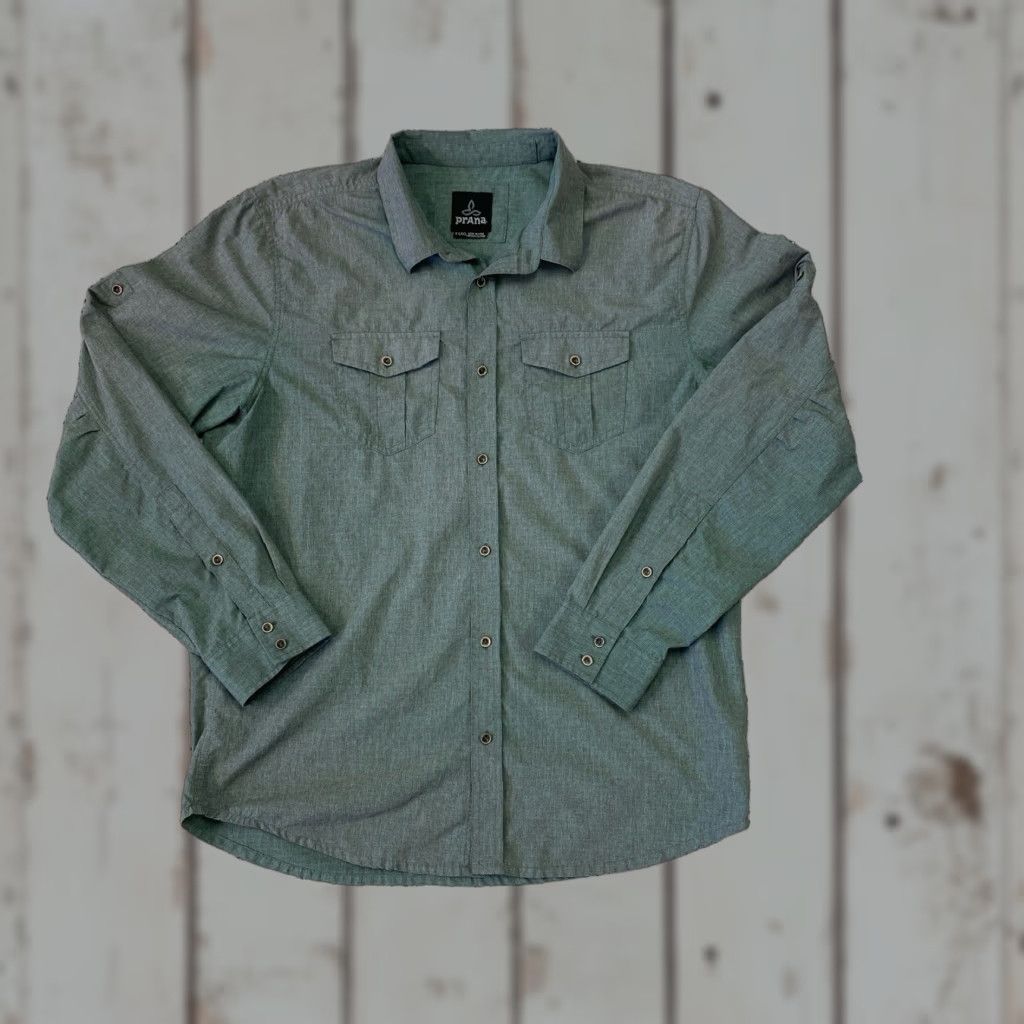 Prana Prana Button-Down Shirt Long Sleeve Hiking Travel Green XL Mens Regular Size US XL / EU 56 / 4 - 1 Thumbnail