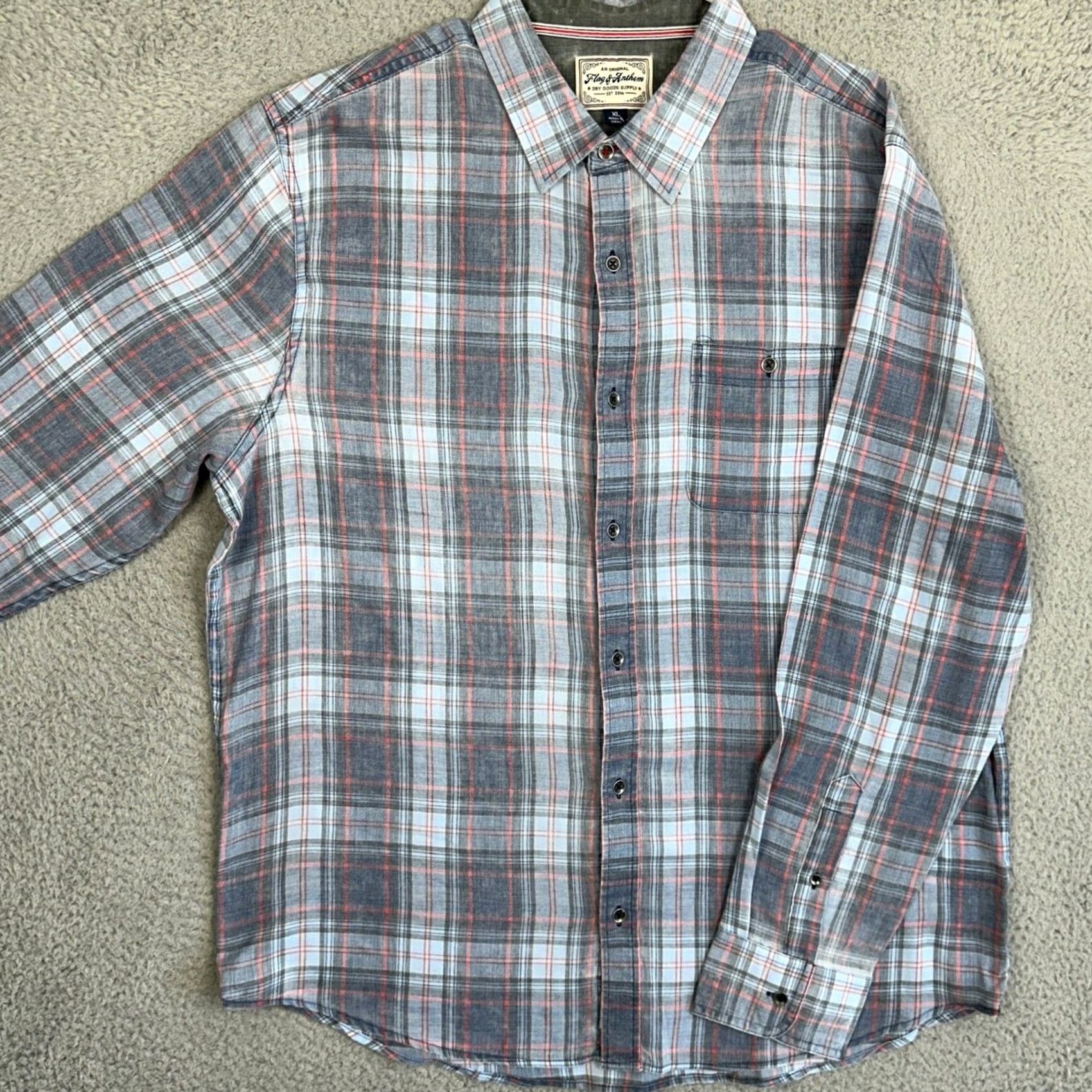 Flag & Anthem Flag Anthem Button-Up Shirt Mens XL Plaid Blue Grey Orange Stretch Chest Pocket Casual Workwear Size US XL / EU 56 / 4 - 2 Thumbnail