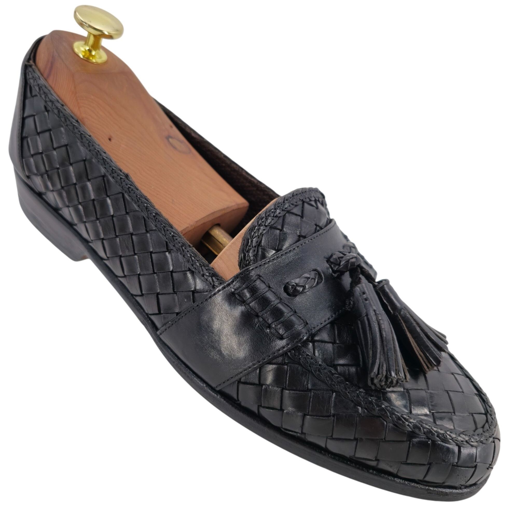 Vintage Bragano Cole Haan Italy Black Woven Leather Tassel Shoes, Men's (Size 8)