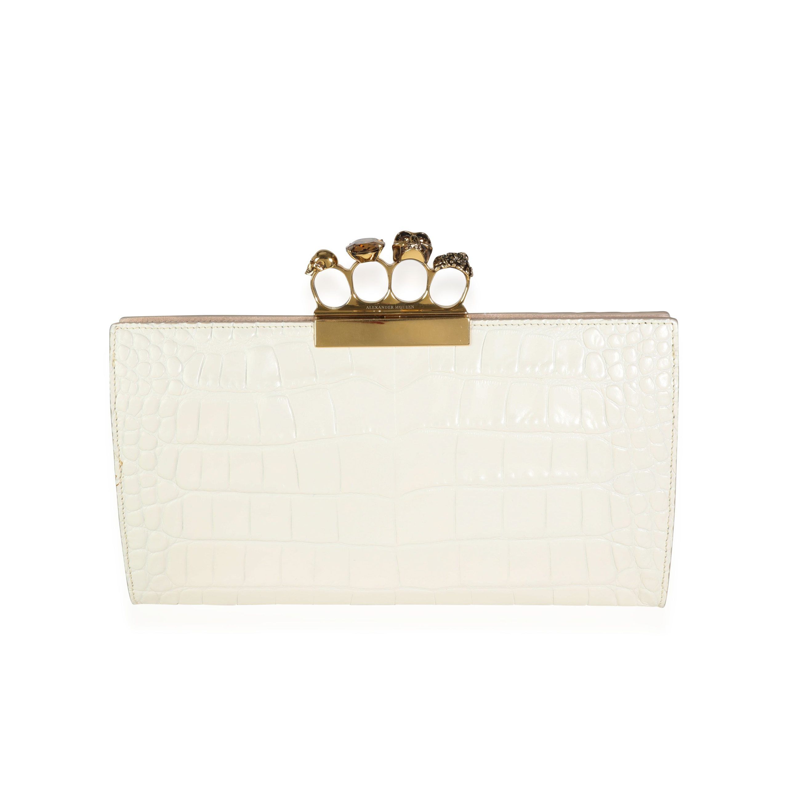 image of Alexander Mcqueen Ivory Croc-Embossed Leather Skull Four-Ring Flat Pouch in White, Women's