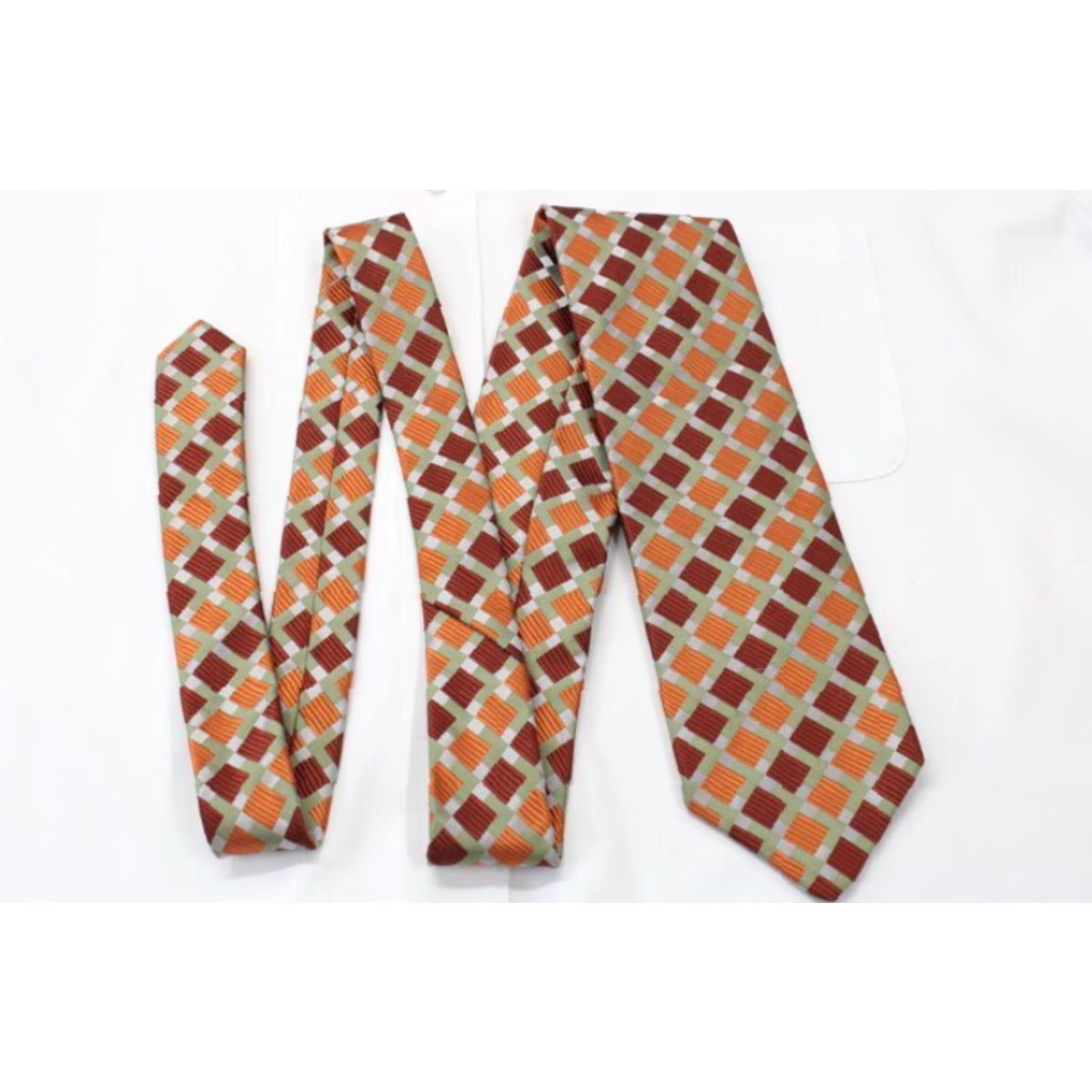 Vintage XMI Necktie Men Orange Rust Squares Geometric Designer Silk Classic 57"-60" One Size USA Men's Tie 100% Silk Adjustable Handmade Vintage Size ONE SIZE - 2 Thumbnail