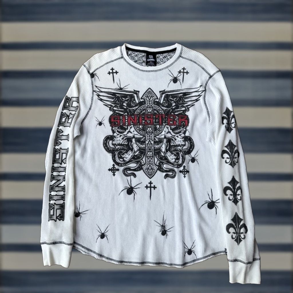 Vintage VINTAGE Sinister Cross Wings Thermal Long Sleeve Shirt XL White Mens Grunge Gothic Y2K Art Skull Seasonal All Seasons Size US XL / EU 56 / 4 - 1 Thumbnail