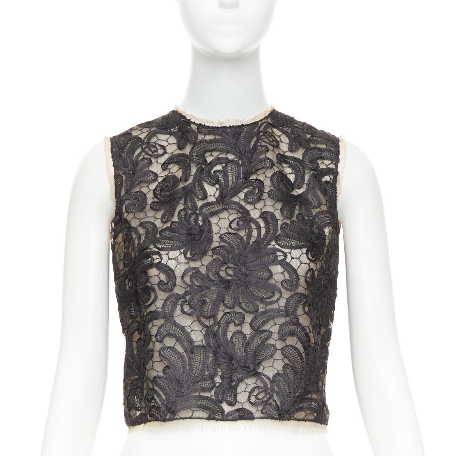 Dolce & Gabbana DOLCE GABBANA black nude overlay applique lace crew neck crop top IT40 S Size S / US 4 / IT 40 - 1 Thumbnail