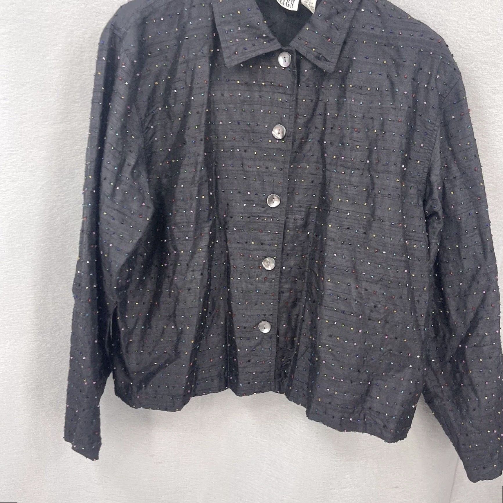 Vintage CHICO'S Blouse Shirt Womens Large Black Beaded Silk 90s Designer Lagenlook Vintage, Long Sleeve, Collared, Dry Clean Only, Regular Fit, Adult Women Size L / US 10 / IT 46 - 4 Thumbnail