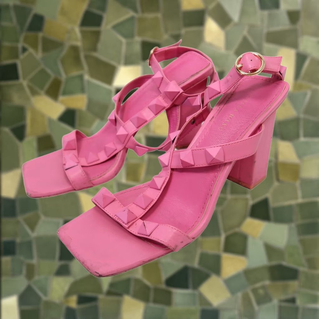 Azalea Wang VINTAGE Azalea Wang pink faux leather studded strappy sandal heels 8 Women Square Toe 4" heel Womens 90s? Size US 8 / IT 38 - 1 Thumbnail