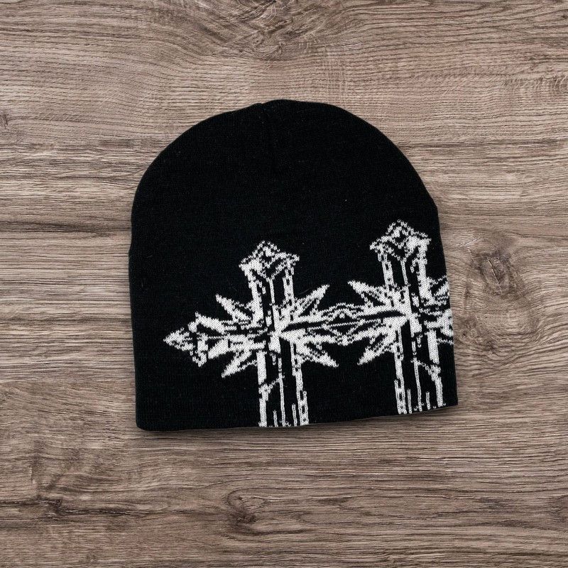 Other Opium PUNK ALT Grunge Cross Beanie | Y2K Graphic Black Hat Size ONE SIZE - 1 Preview