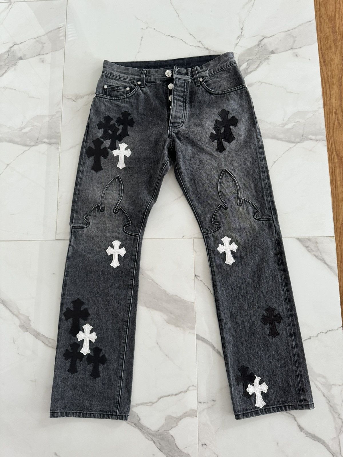 Chrome Hearts Fleur Knee Cross Patch Jeans in Dark Wash/Black Partial Payment main image 0