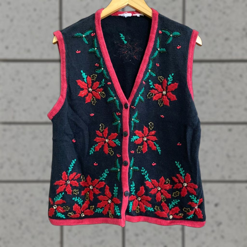 Vintage WOMEN'S VINTAGE CHRISTMAS VEST - Large See Measurements Beaded Embroidered Black Knit V-Neck Sleeveless Winter Size L Size L / US 10 / IT 46 - 1 Thumbnail