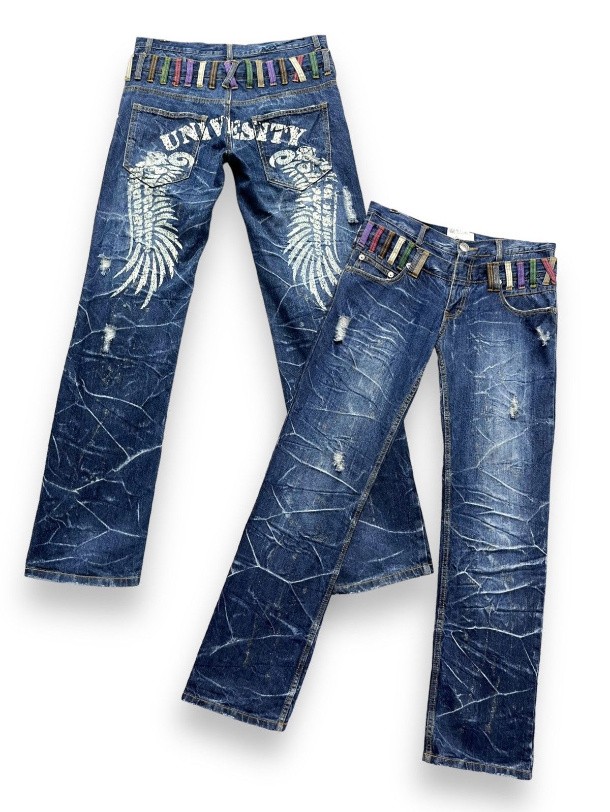 NYLAUS Punk Double Waist Brilliant Blue Silver Splash Denim