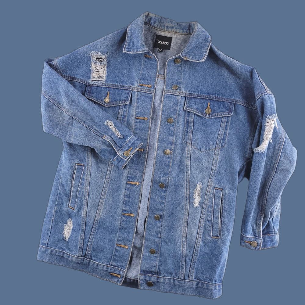 Boohoo Boohoo Denim Jacket Womens 12 Blue Distressed Grunge Long Jacket Cotton Denim Bomber Solid 12 Womens Size 34" / US 12 / IT 48 - 1 Thumbnail