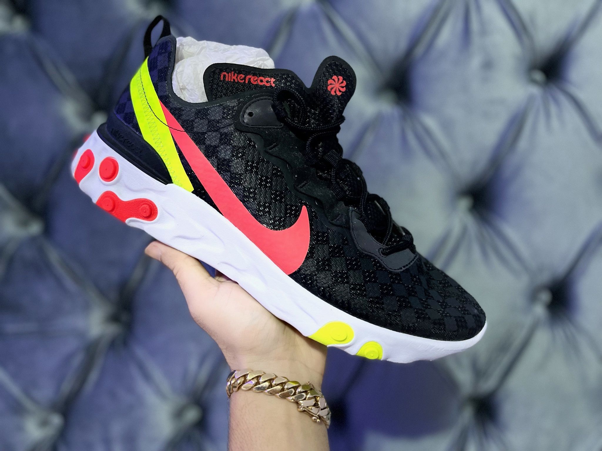 image of Nike React Element 55 Checkered Crimson Volt Shoes in Black Volt, Men's (Size 11)