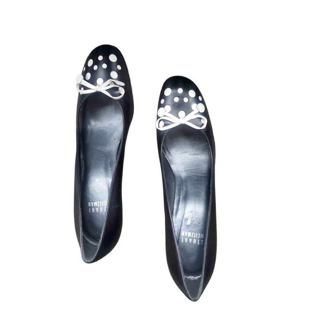 Stuart Weitzman Stuart Weitzman Black Leather Heels White Polka Dots & Bow Size US 7.5 / IT 37.5 - 2 Thumbnail