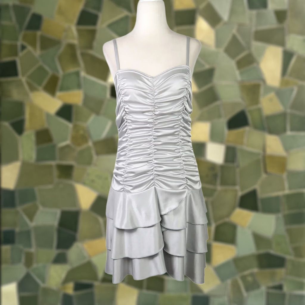 Vintage VINTAGE 90s silver grey satin ruched frilly mini party dress S Size S / US 4 / IT 40 - 1 Thumbnail