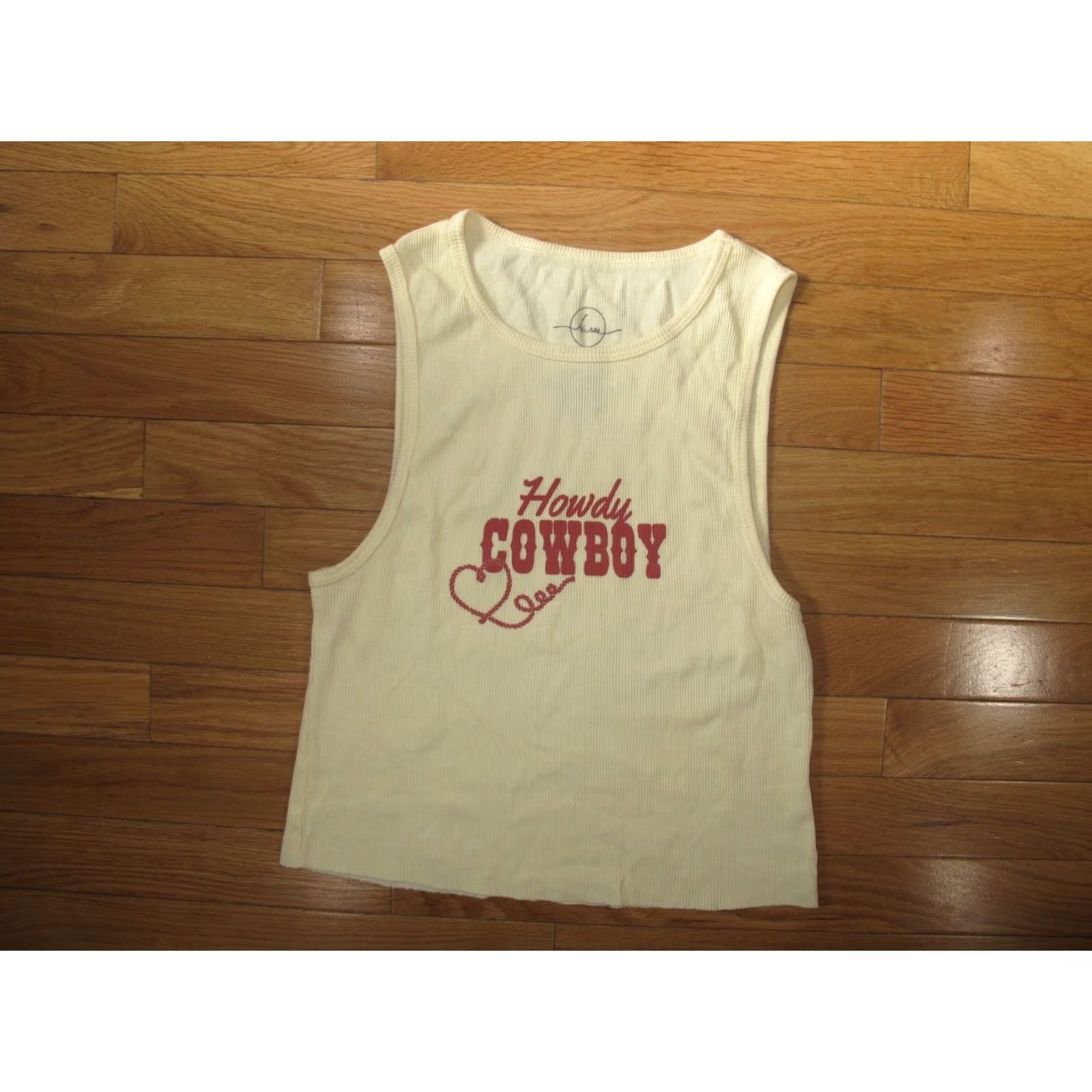 Vintage Hi-Res Howdy Cowboy Ribbed Crop Top Tank Women's L Yellow 100% Cotton Sleeveless Shirt Casual All Seasons (USA Theme) Womens Size L / US 10 / IT 46 - 3 Thumbnail