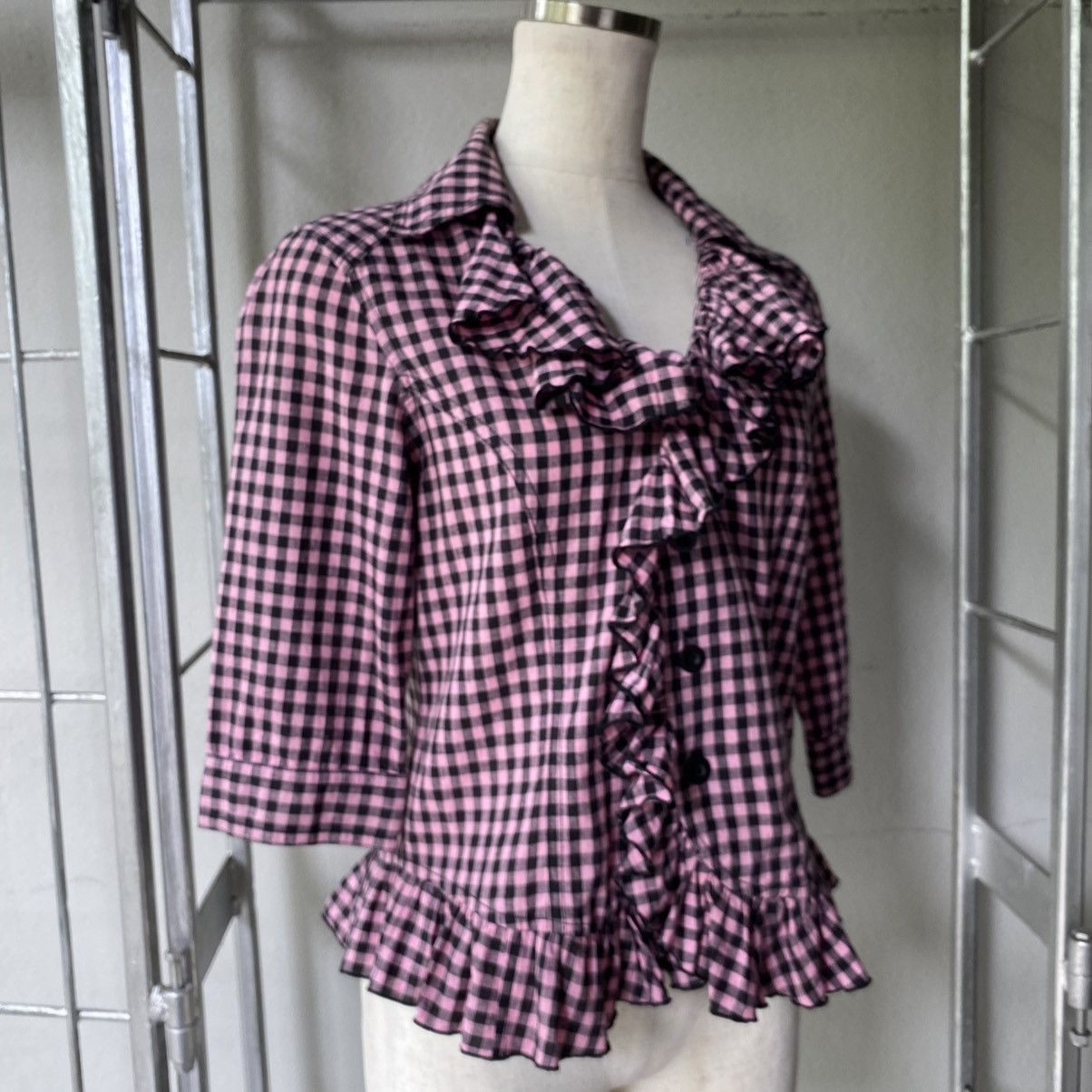 Japanese Brand ALGONGUINS Y2K Punk Pink Black Gingham Ruffle Blouse Size M / US 6-8 / IT 42-44 - 2 Thumbnail