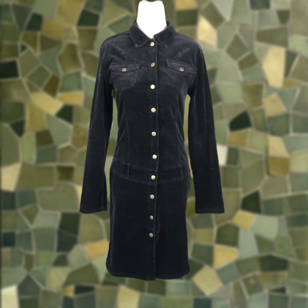 Velvet VINTAGE 90s Juno Shirt Dress Black Corduroy Velvet Drop Waist Knee Length Long Sleeve M Womens Dress Shirt Dress Size M / US 6-8 / IT 42-44 - 1 Thumbnail