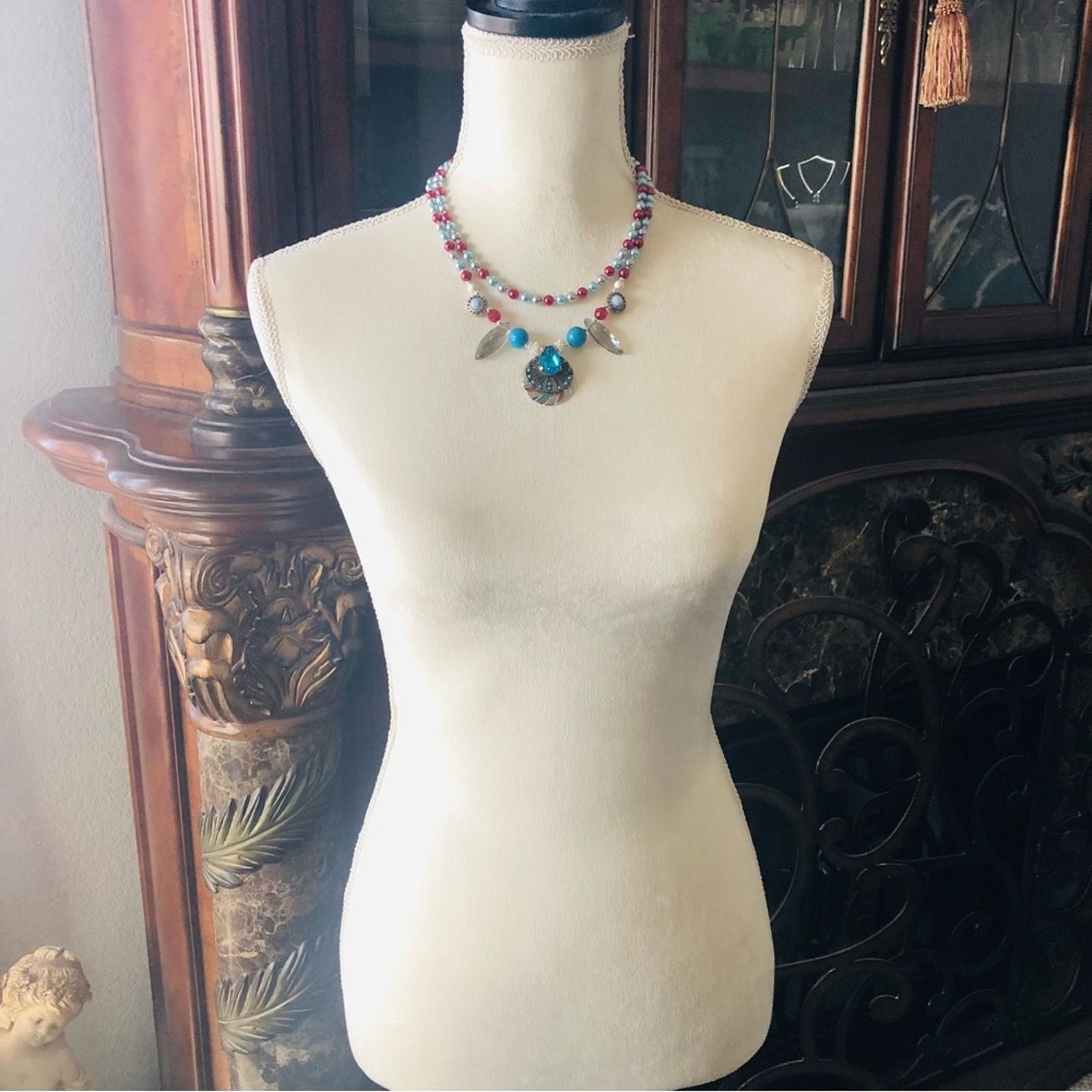 Handmade Handcrafted repurpose double strand turquoise Pearl necklac Size ONE SIZE - 6 Thumbnail