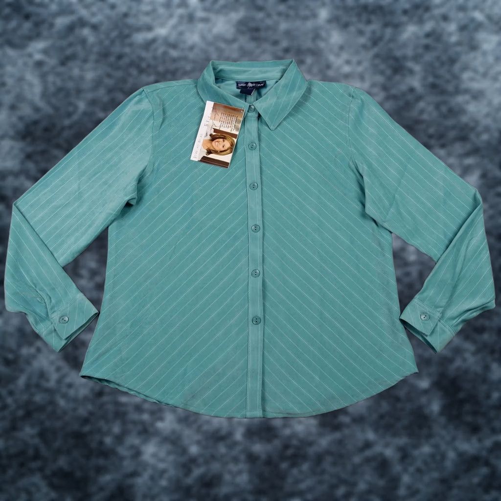 Vintage Susan Graver Shirt Womens L Blue Stripe Button Up Western Stretch Top Teal Size L / US 10 / IT 46 - 1 Thumbnail