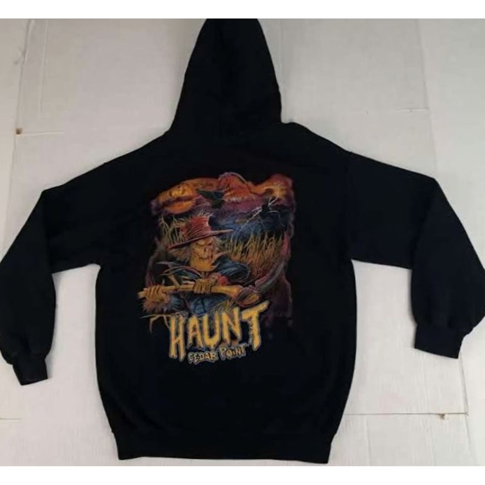 Gildan VINTAGE Haunt Scarecrow Cedar Point Theme Ride Hooded Sweatshirt M Black Gildan Cotton Blend Canvas Women Roller Coaster 2000s Size M / US 6-8 / IT 42-44 - 6 Thumbnail