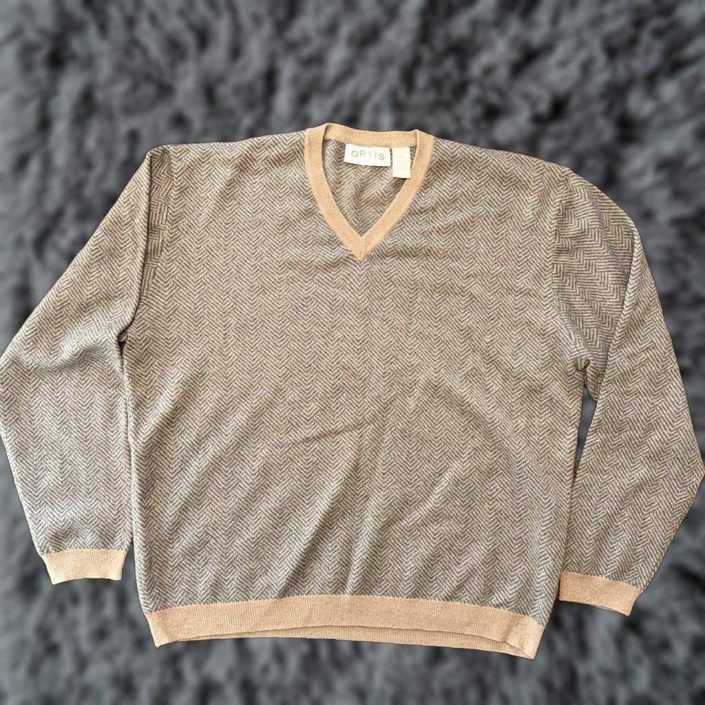 Orvis Orvis Men's 100% Cashmere V-Neck Sweater Brown Herringbone Chevron Size XL Size US XL / EU 56 / 4 - 1 Thumbnail