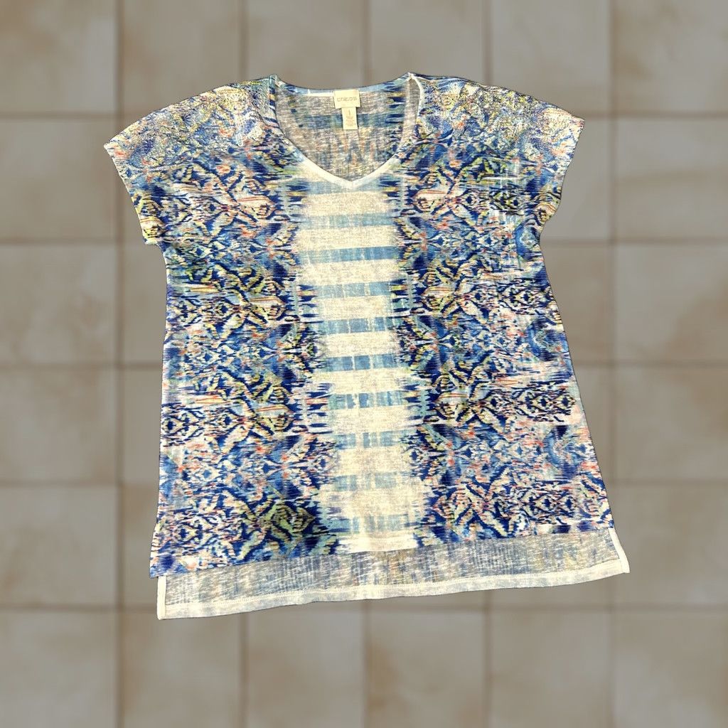 Vintage Chicos Shirt Womens 1 Blue Geometric Print V Neck Dolman Short Sleeve Top Boho Size XS / US 0-2 / IT 36-38 - 1 Thumbnail