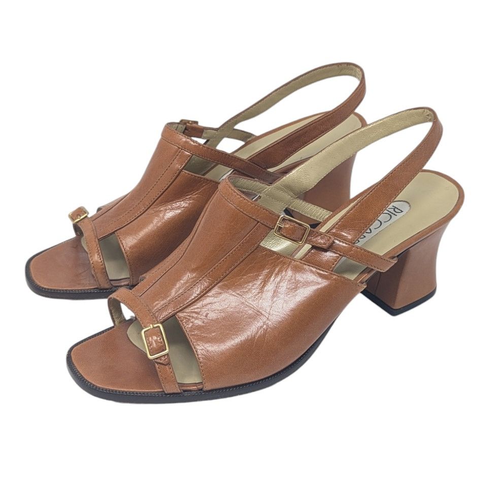1970S Vintage Riccardo Zul Leather Open Toe Slingback Heel Shoes in Brown, Women's