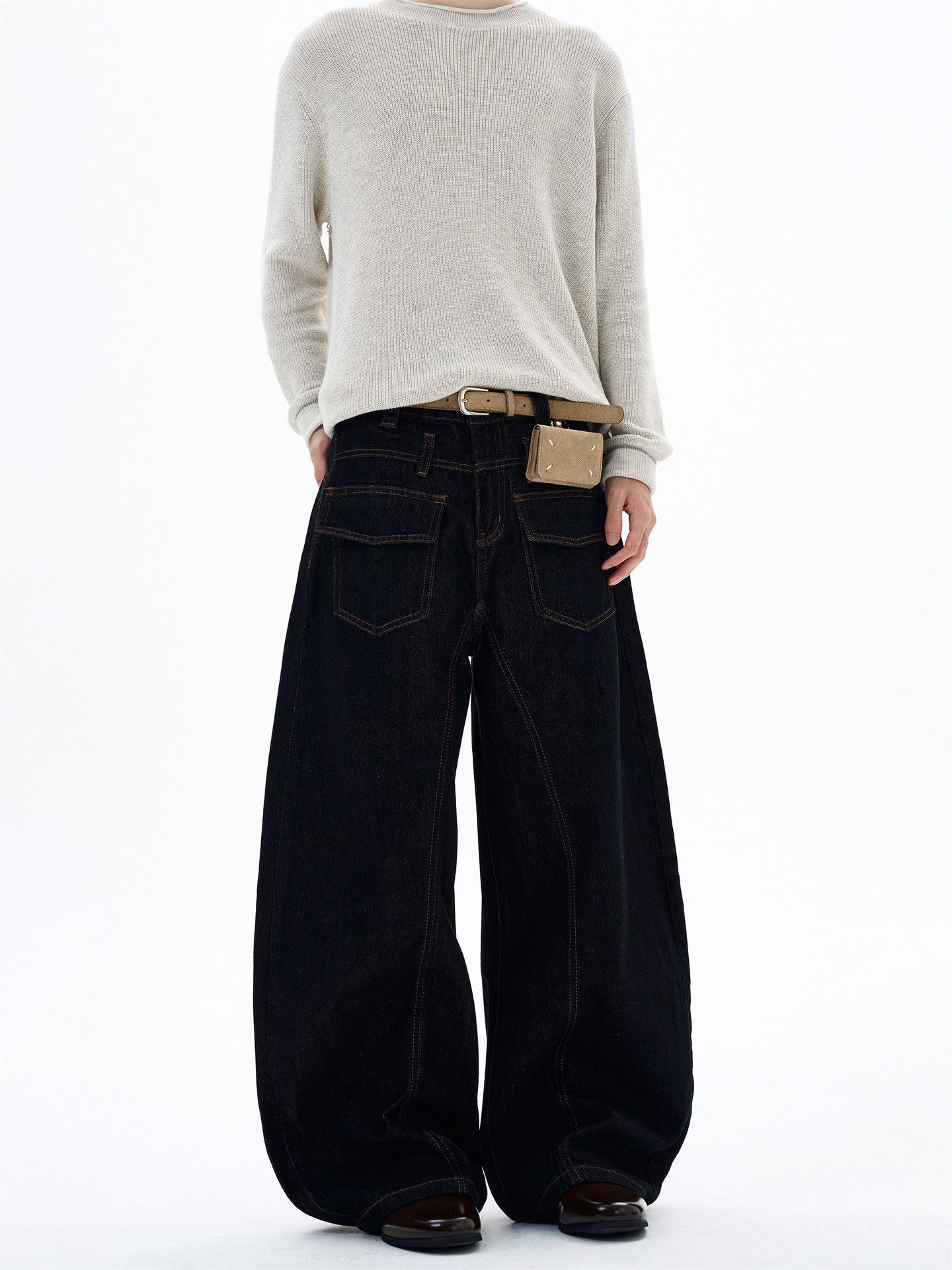 Japanese Brand Men's Black Loose Straight-Leg Washed Curved-Cut Jeans Size US 32 / EU 48 - 3 Thumbnail